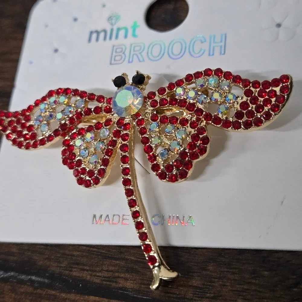 Red, Mint Colorful Crystal Dragonfly Brooch